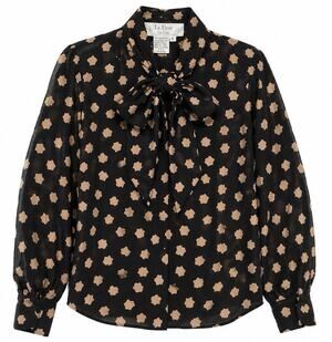 Vintage La Fleur Blouse Womens 6 Black Tan Abstract Print Tie Neck 90s Top